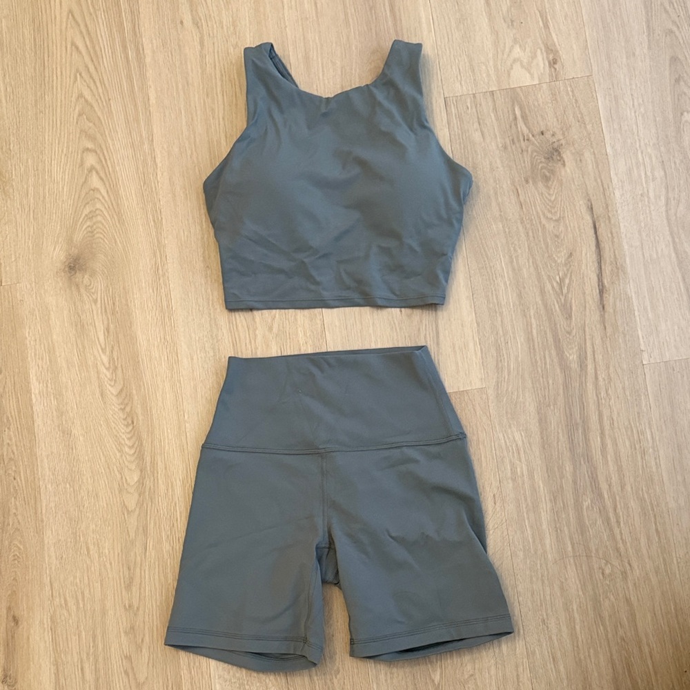 Olive Green-Gray Athletic Crop Top and Shorts Set